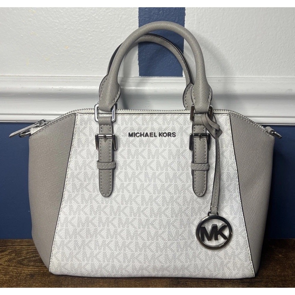 Michael Kors Ciara Medium Leather Satchel Purse Crossbody Bag White/Gray